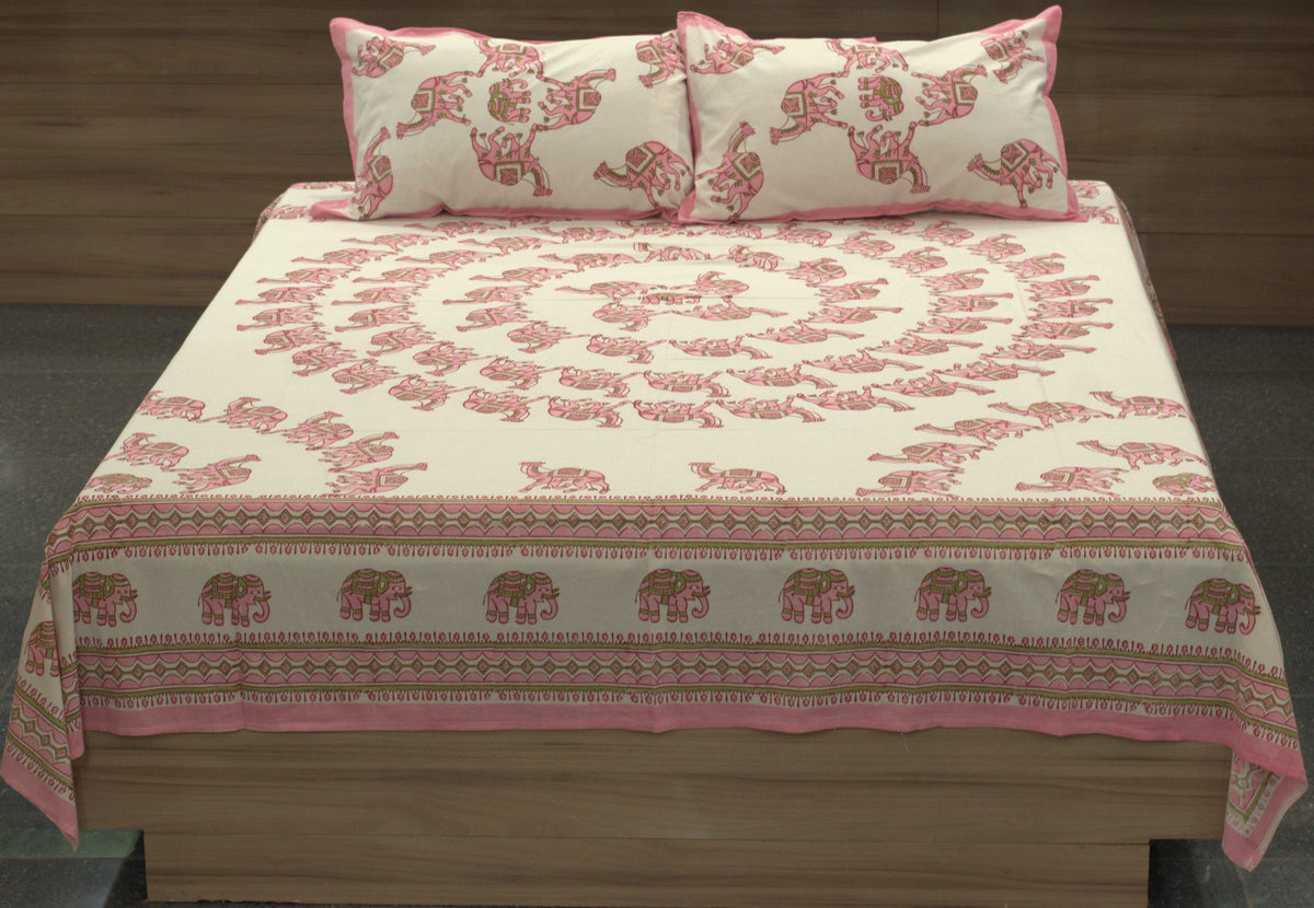 Queen Size Cotton Bedspread 90 × 100 Inches – Pink Elephant Printed Design