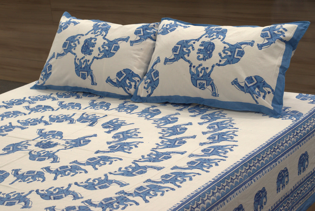 Queen Size Cotton Bedspread 90 × 100 Inches – Blue Elephant Printed Design