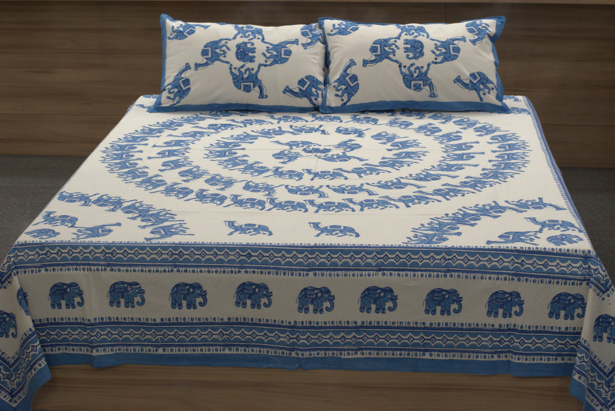 Queen Size Cotton Bedspread 90 × 100 Inches – Blue Elephant Printed Design