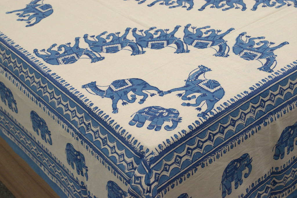 Queen Size Cotton Bedspread 90 × 100 Inches – Blue Elephant Printed Design