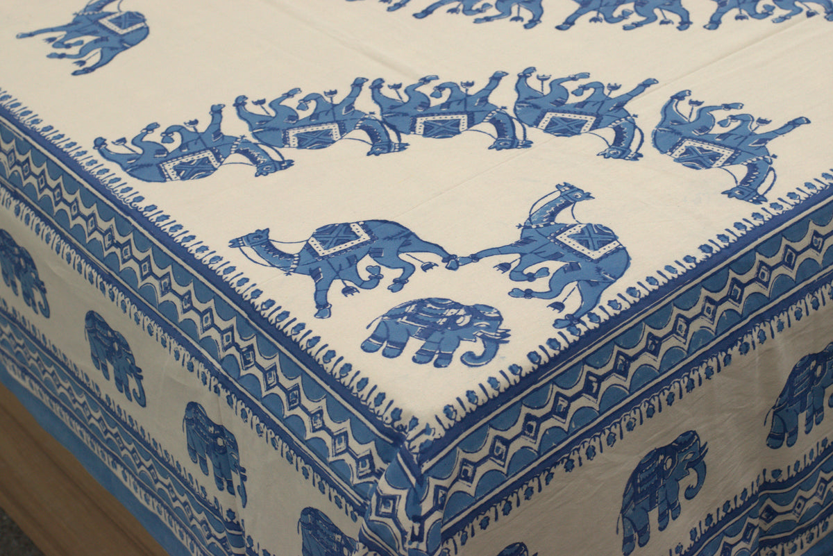Queen Size Cotton Bedspread 90 × 100 Inches – Blue Elephant Printed Design