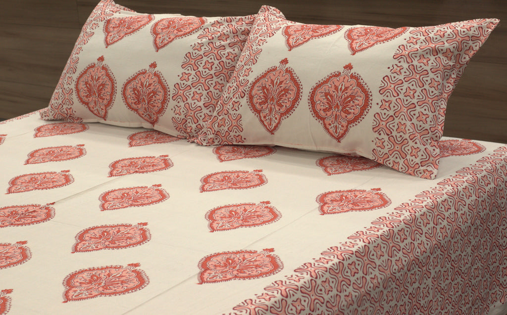Queen Size Cotton Bedspread 90 × 100 Inches – Peach Floral & Traditional Printed Design