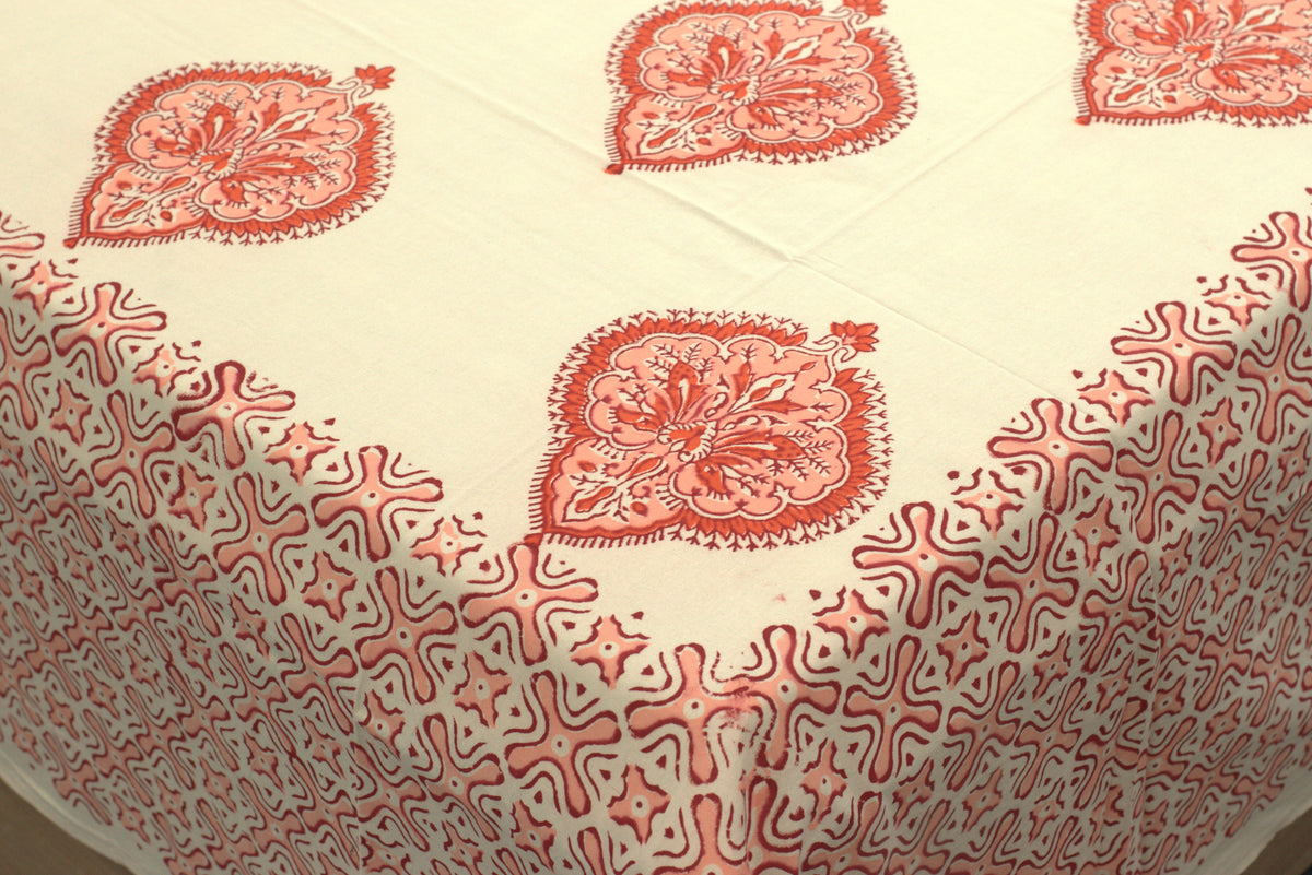 Queen Size Cotton Bedspread 90 × 100 Inches – Peach Floral & Traditional Printed Design