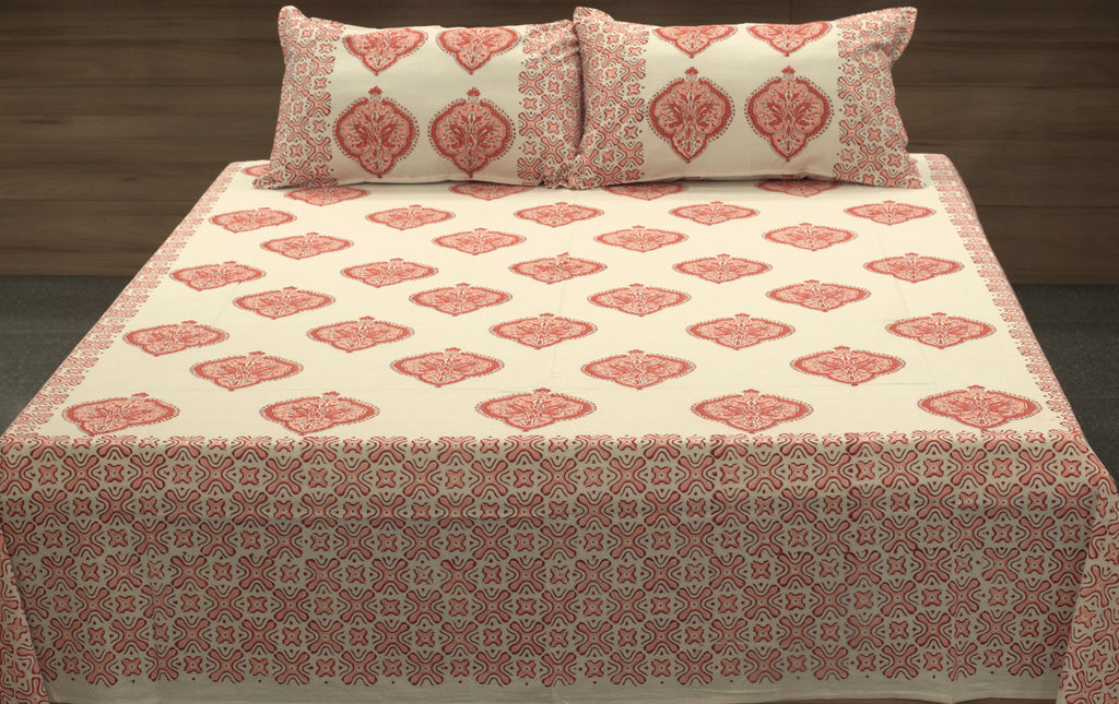 Queen Size Cotton Bedspread 90 × 100 Inches – Peach Floral & Traditional Printed Design