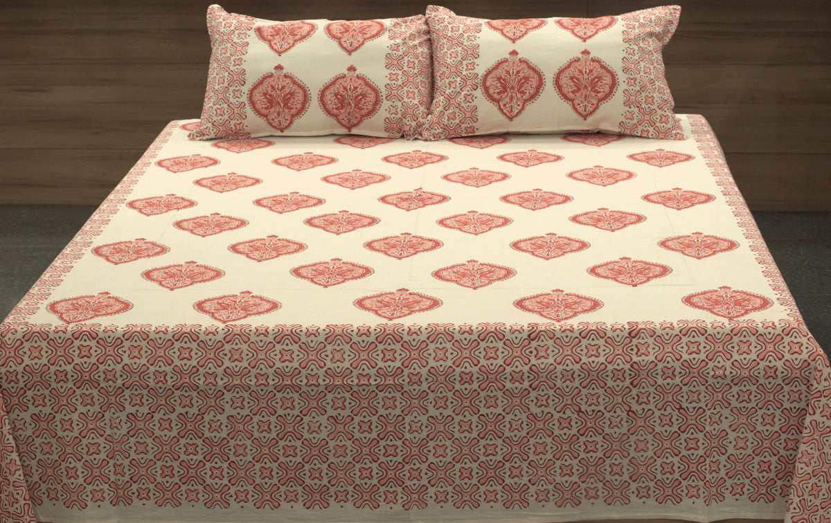 Queen Size Cotton Bedspread 90 × 100 Inches – Peach Floral & Traditional Printed Design