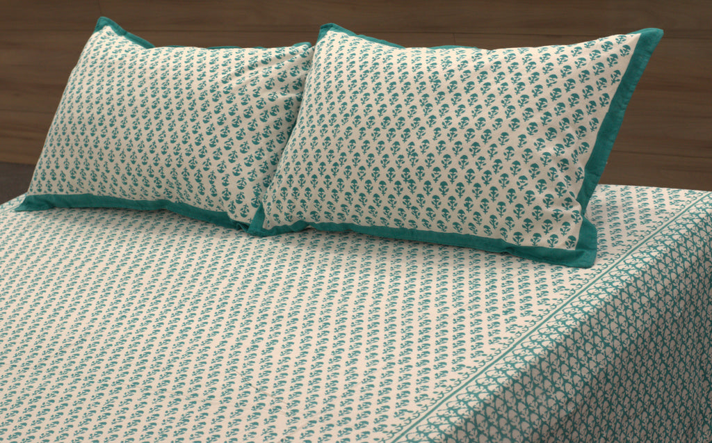 Queen Size Cotton Bedspread 90 × 100 Inches – Teal Blue Floral Printed Design