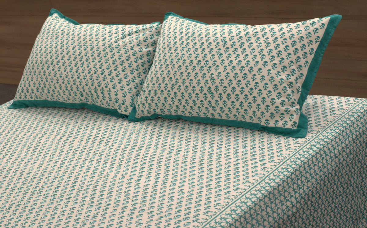 Queen Size Cotton Bedspread 90 × 100 Inches – Teal Blue Floral Printed Design