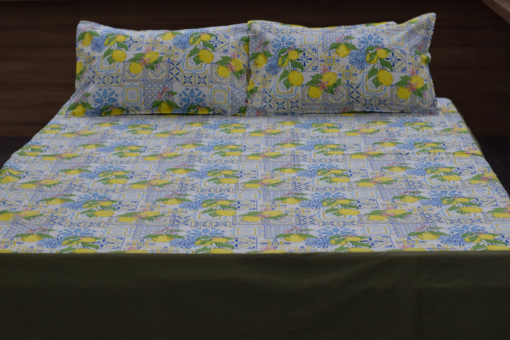 King Size Lemon Blossom Printed Bedsheet with 2 Pillow Covers | Fresh Citrus & Tile Pattern Design