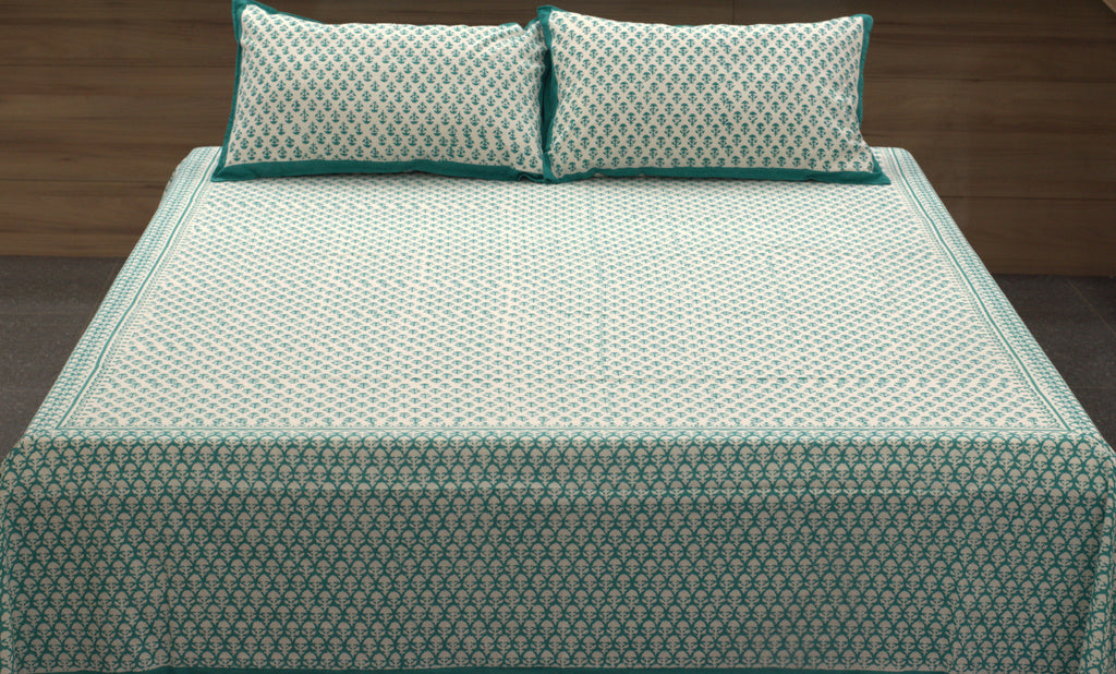 Queen Size Cotton Bedspread 90 × 100 Inches – Teal Blue Floral Printed Design