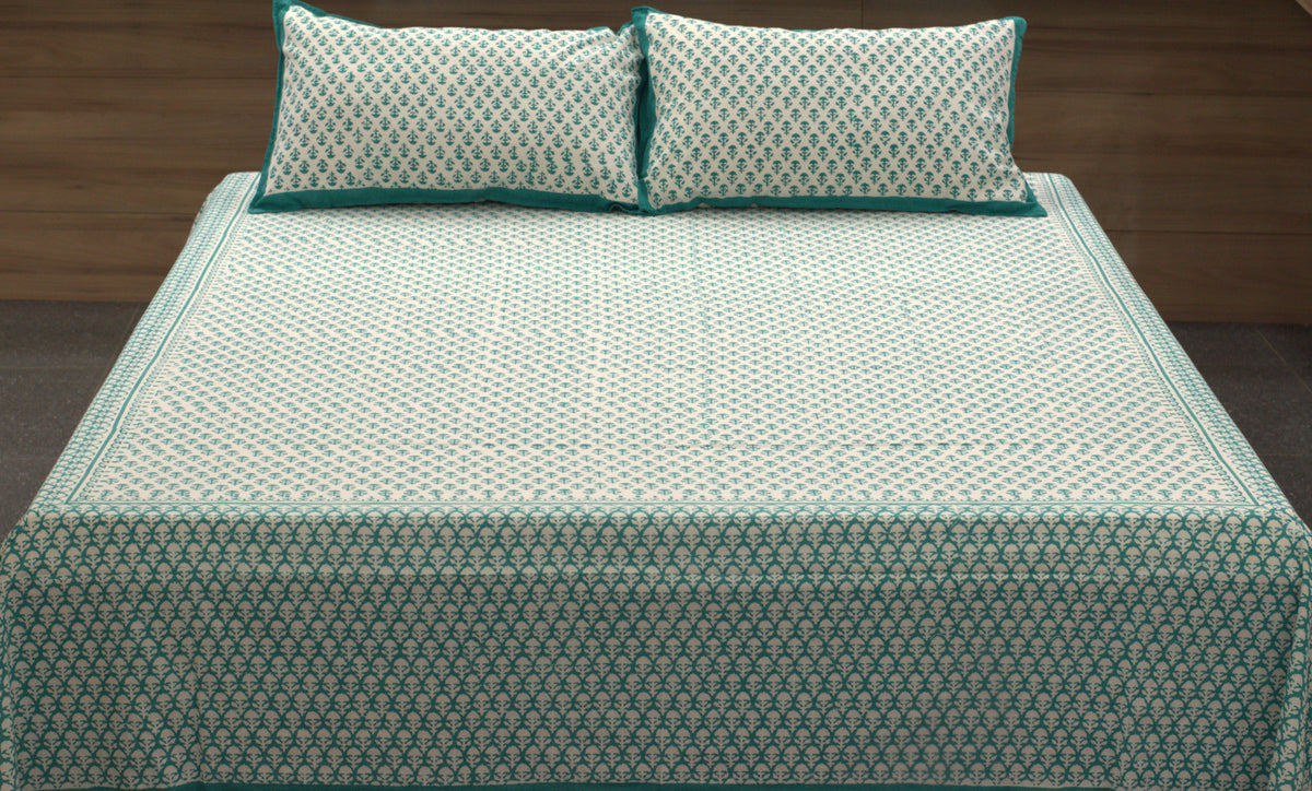 Queen Size Cotton Bedspread 90 × 100 Inches – Teal Blue Floral Printed Design