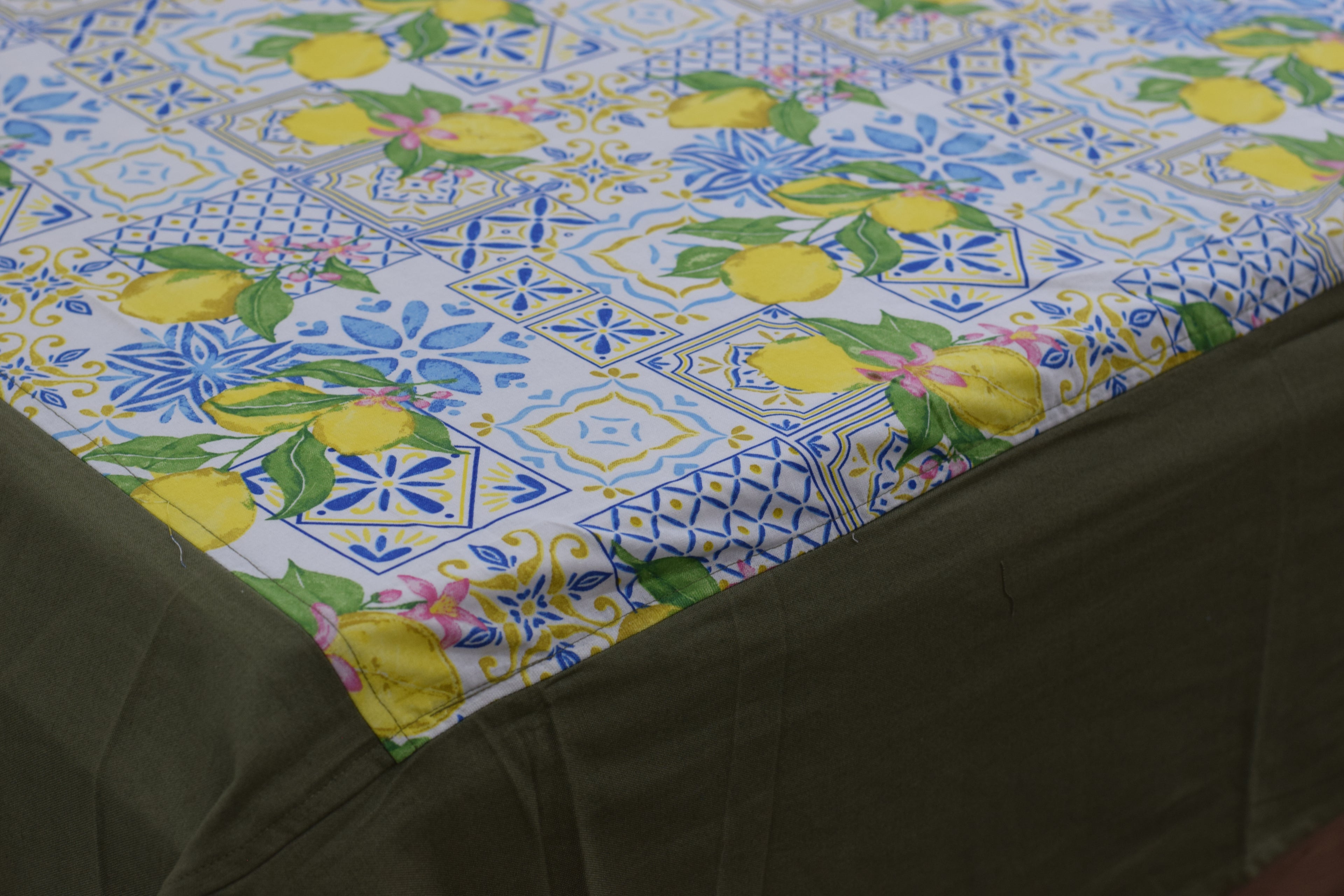 King Size Lemon Blossom Printed Bedsheet with 2 Pillow Covers | Fresh Citrus & Tile Pattern Design