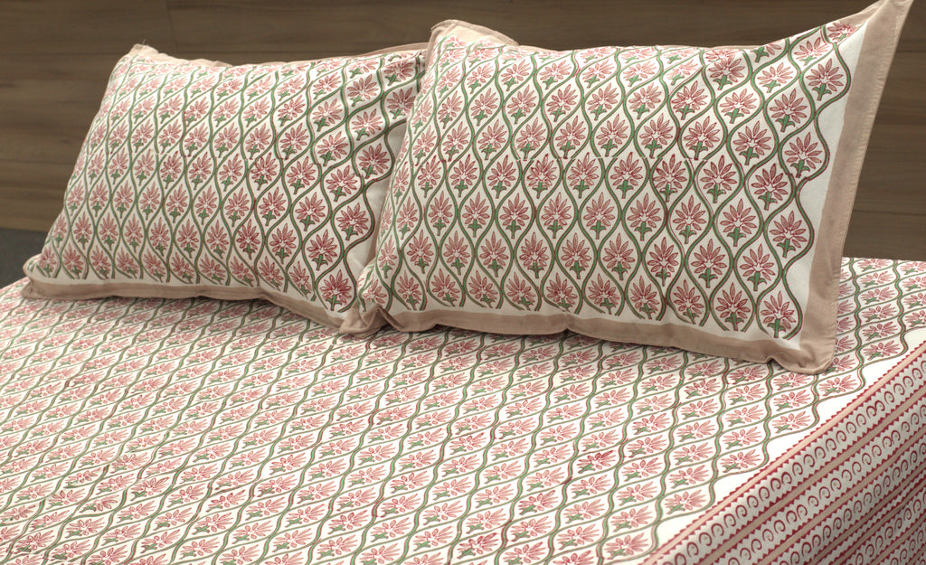Queen Size Cotton Bedspread – Floral Block Print Design | 90 × 100 Inches