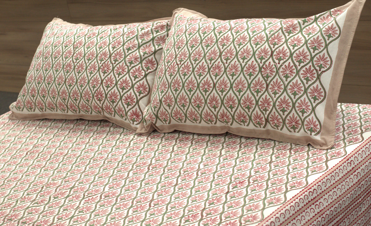 Queen Size Cotton Bedspread – Floral Block Print Design | 90 × 100 Inches