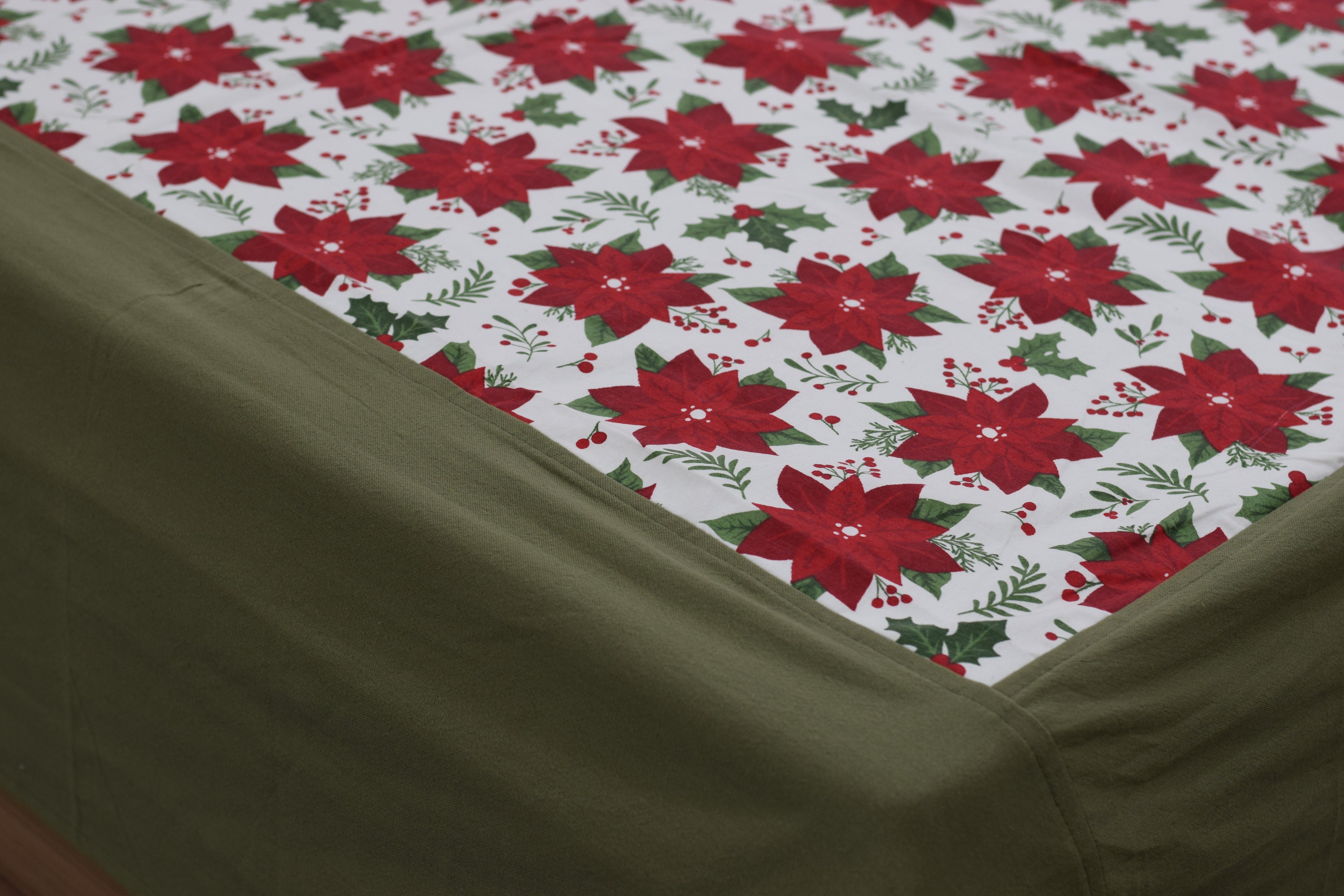 King Size Red Poinsettia Floral Printed Bedsheet with 2 Pillow Covers