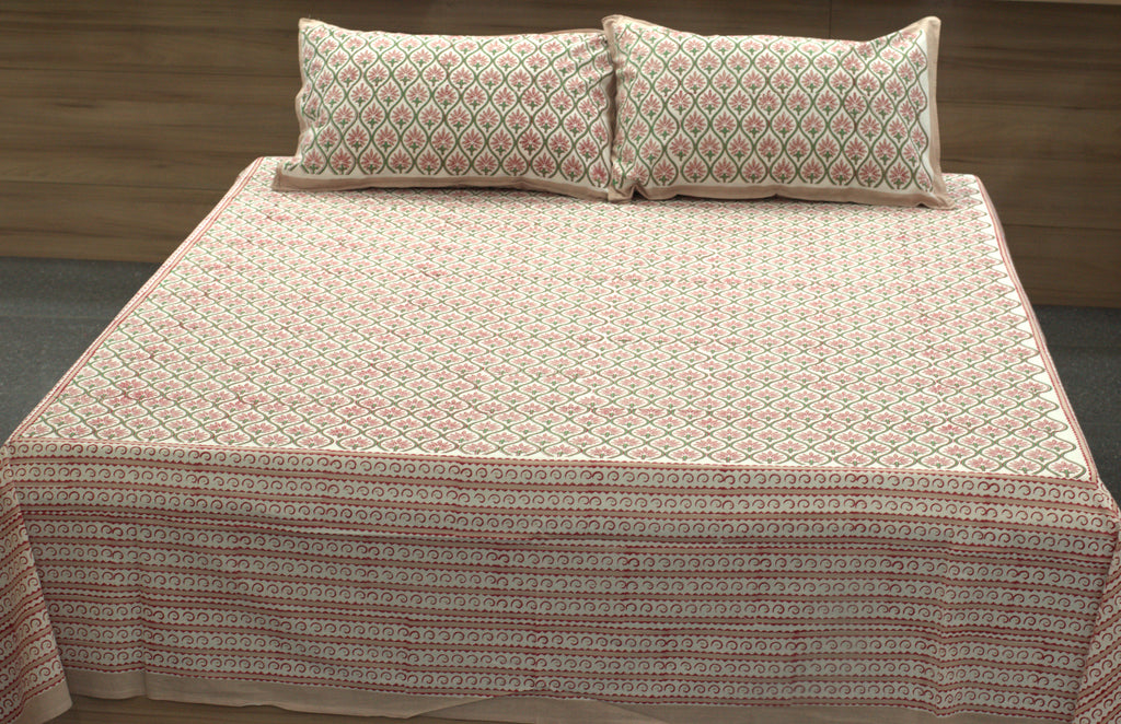 Queen Size Cotton Bedspread – Floral Block Print Design | 90 × 100 Inches