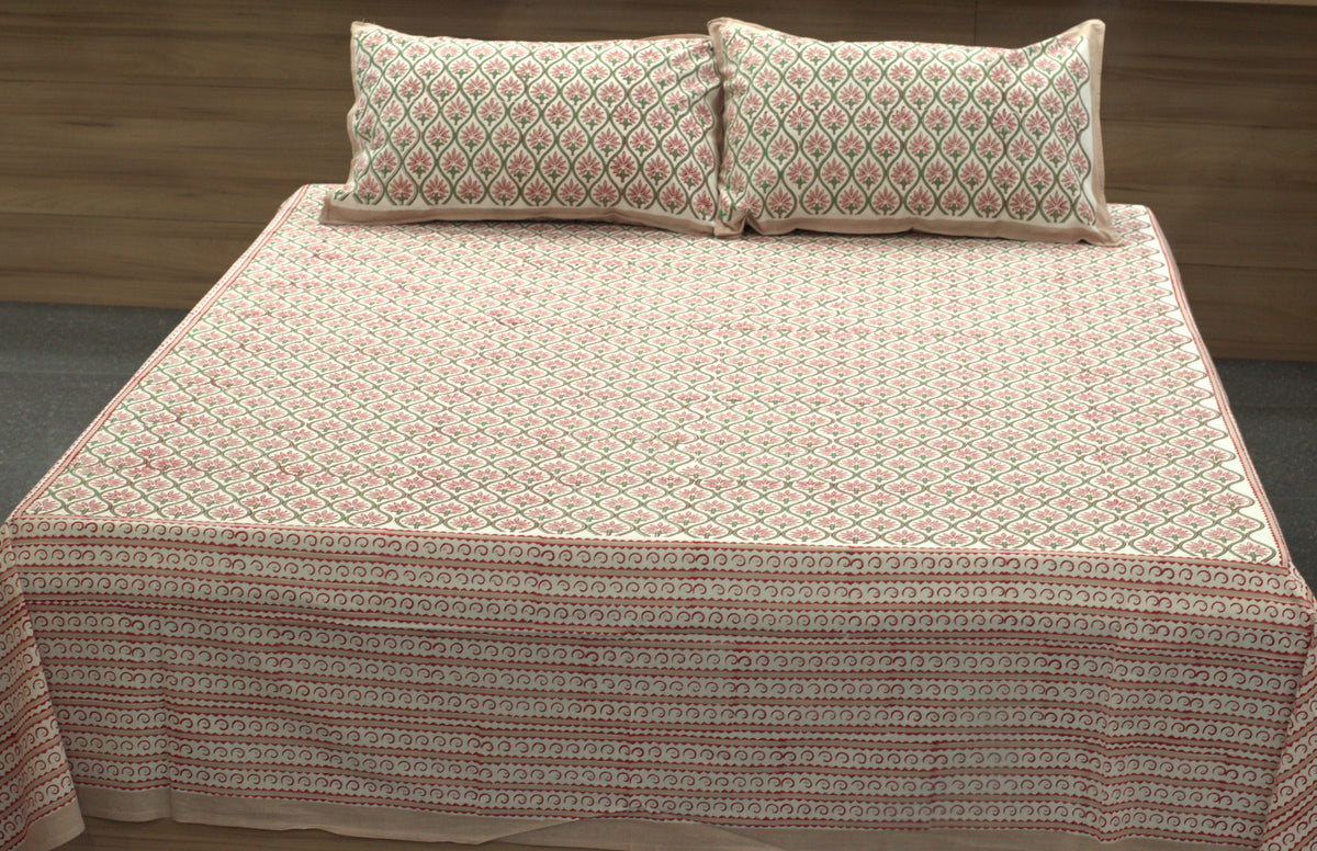 Queen Size Cotton Bedspread – Floral Block Print Design | 90 × 100 Inches