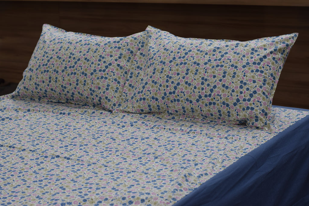 King Size Floral Cotton Bedsheet with 2 Pillow Covers – Blue & Pink Ditsy Flower Print