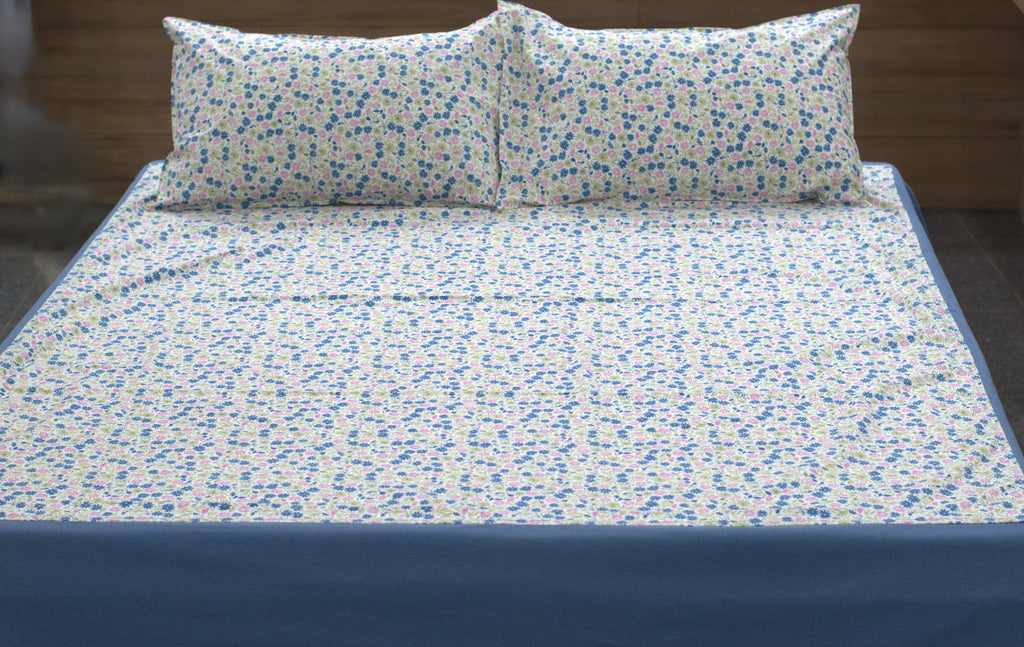King Size Floral Cotton Bedsheet with 2 Pillow Covers – Blue & Pink Ditsy Flower Print