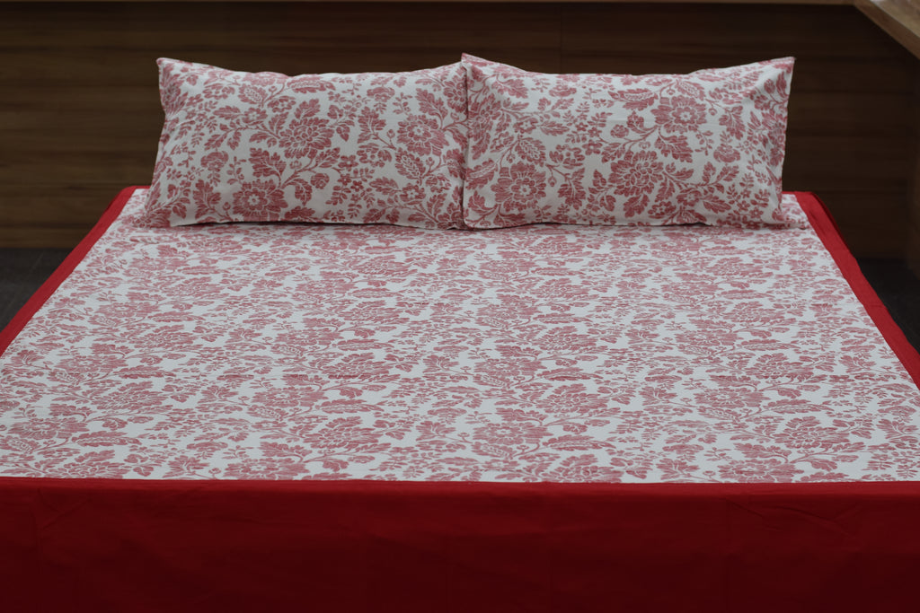 Elegant Red Floral King Size Bedsheet with 2 Pillow Covers |  Bedding Set