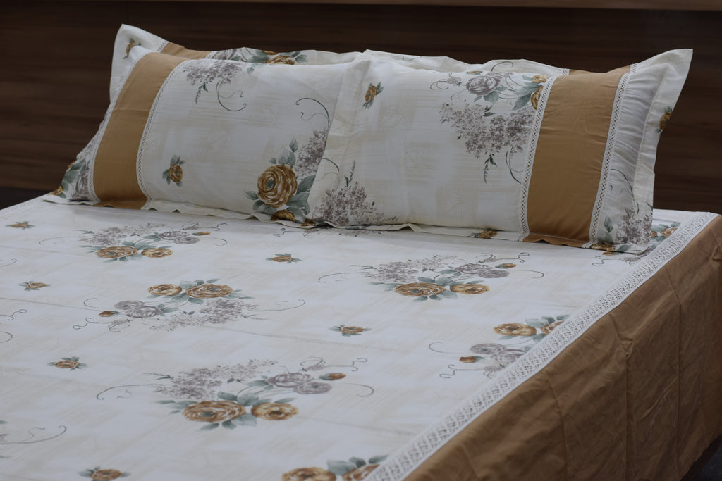 Elegant Beige Floral Queen Size Bedspread with Pillow Covers | Blend Bedding Set