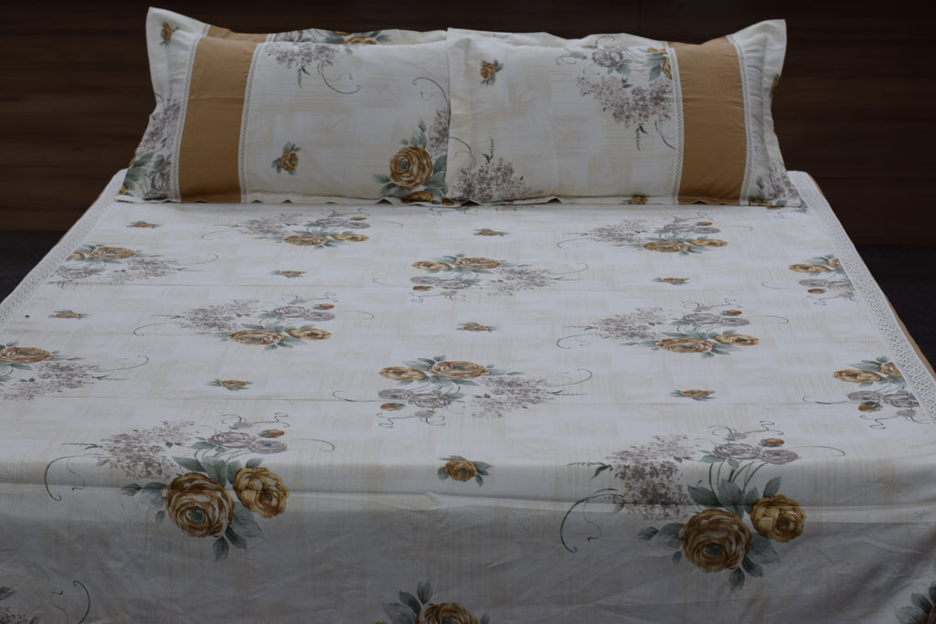 Elegant Beige Floral Queen Size Bedspread with Pillow Covers | Blend Bedding Set