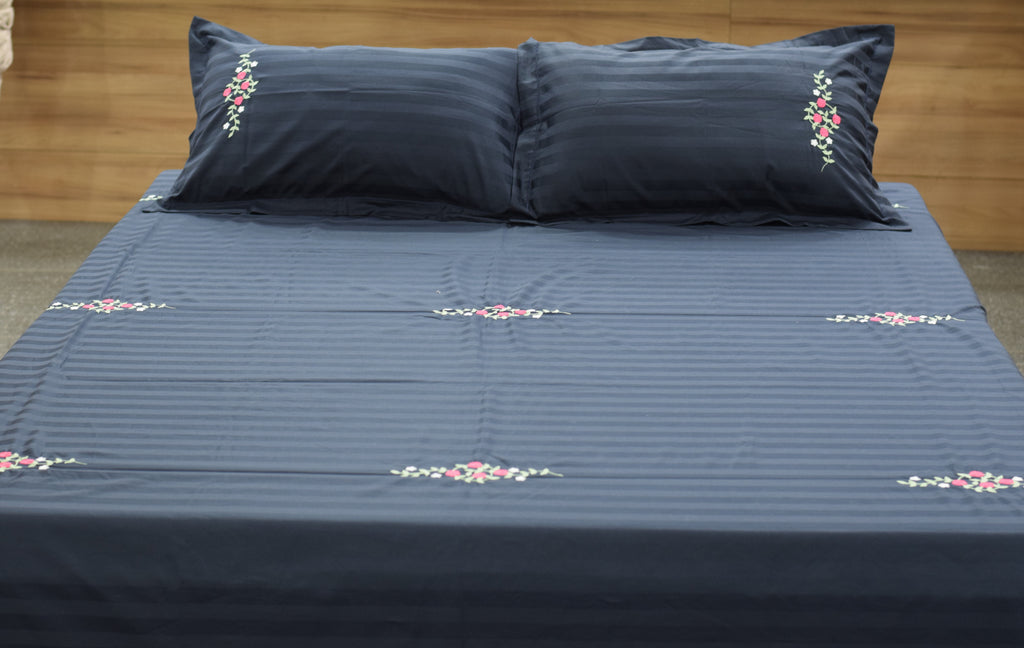 Elegant Navy Blue Embroidered King Size Bedspread Set with Pillow Covers