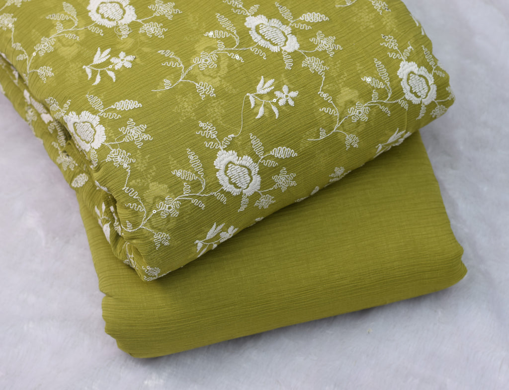 Olive Green Crushed Georgette Fabric with White Floral Embroidery- 44 Inches Width - View 2 - Floral - Nushio