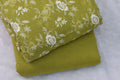 Olive Green Crushed Georgette Fabric with White Floral Embroidery- 44 Inches Width - Main Product Image - Floral - Nushio