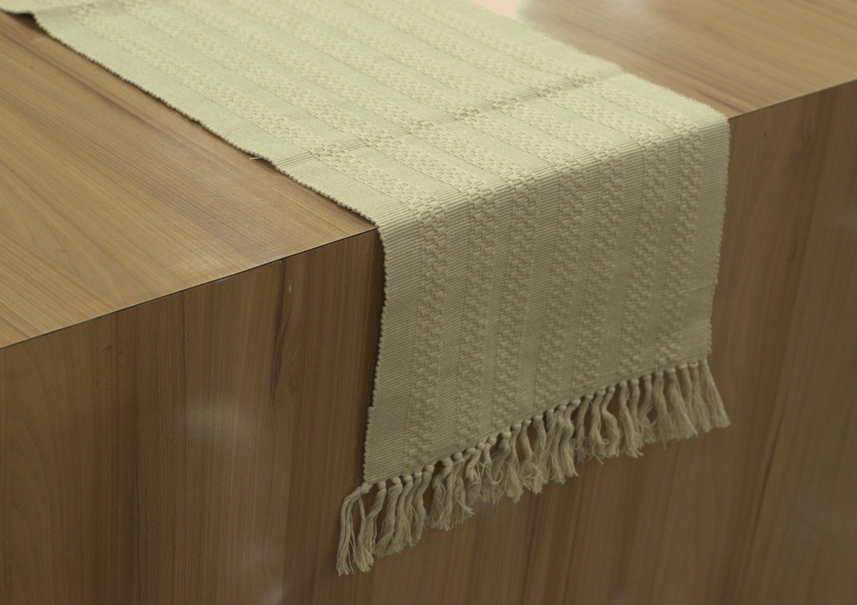Beige Textured Table Runner with Tassel Border – 120 × 35 cm