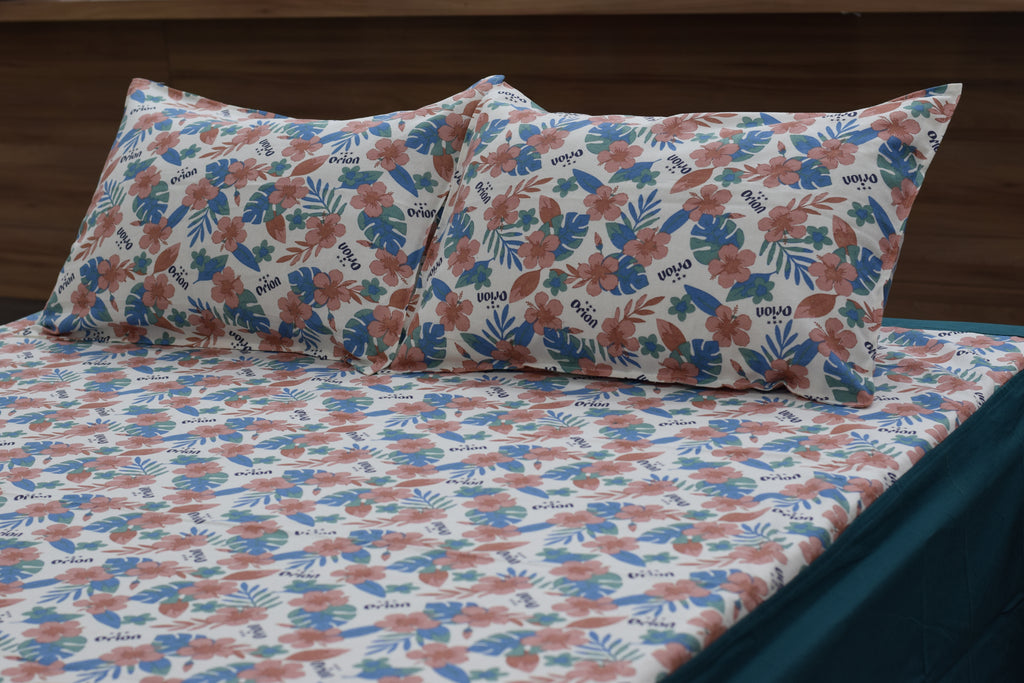 King Size Floral Print Bedsheet with 2 Pillow Covers – White &Teal Botanical Design