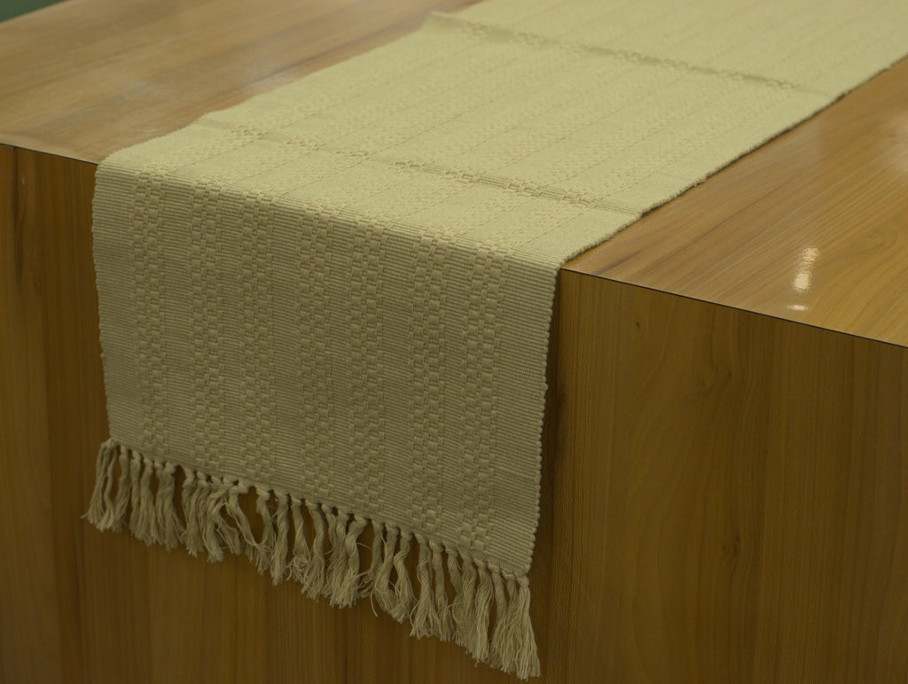 Beige Textured Table Runner with Tassel Border – 120 × 35 cm