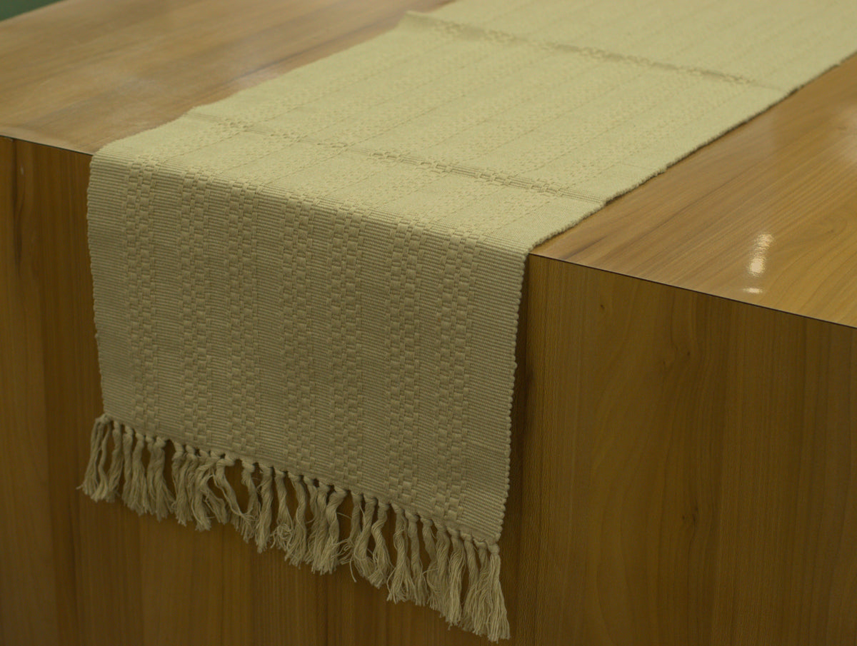 Beige Textured Table Runner with Tassel Border – 120 × 35 cm