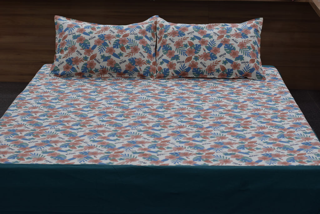 King Size Floral Print Bedsheet with 2 Pillow Covers – White &Teal Botanical Design