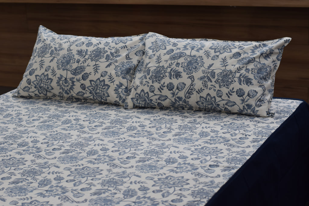 King Size Blue Floral Printed Bedsheet with 2 Pillow Covers – Elegant Cotton Blend Bed Sheet Set