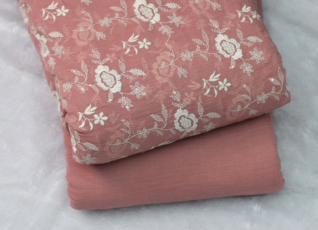 Peach Embroidered Crushed Georgette Fabric – 44 Inch Width | Floral Thread Work Dress Material - Main Product Image - Floral Embroidered - Nushio
