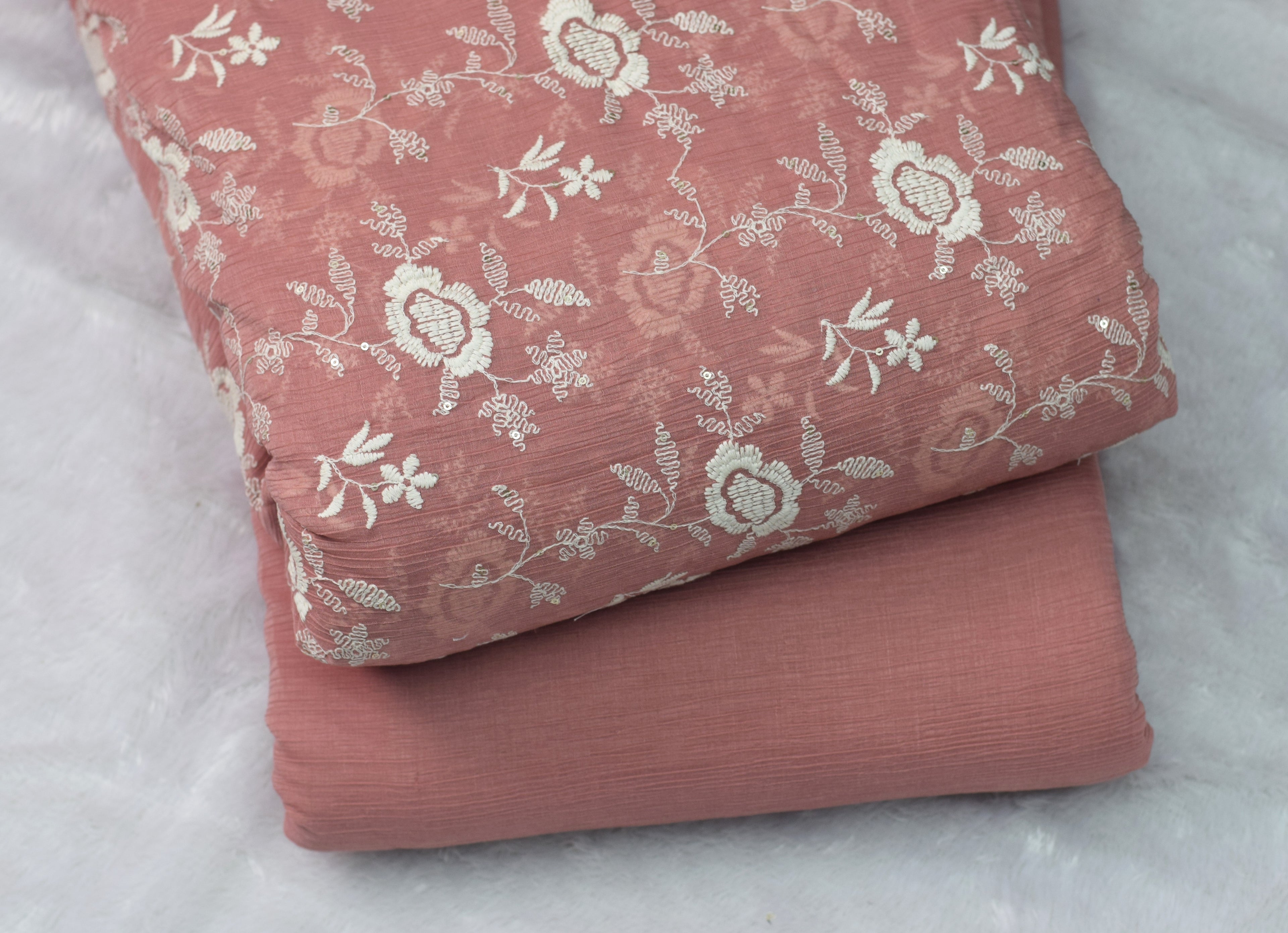 Peach Embroidered Crushed Georgette Fabric – 44 Inch Width | Floral Thread Work Dress Material - Main Product Image - Floral Embroidered - Nushio