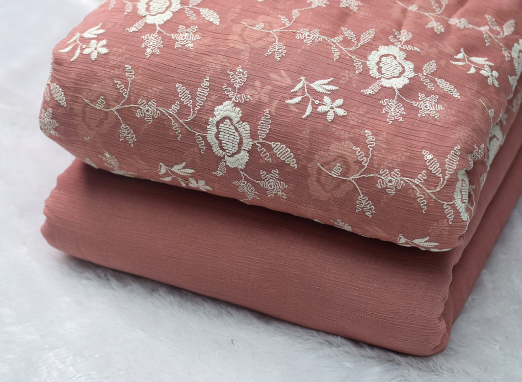 Peach Embroidered Crushed Georgette Fabric – 44 Inch Width | Floral Thread Work Dress Material - View 2 - Floral Embroidered - Nushio
