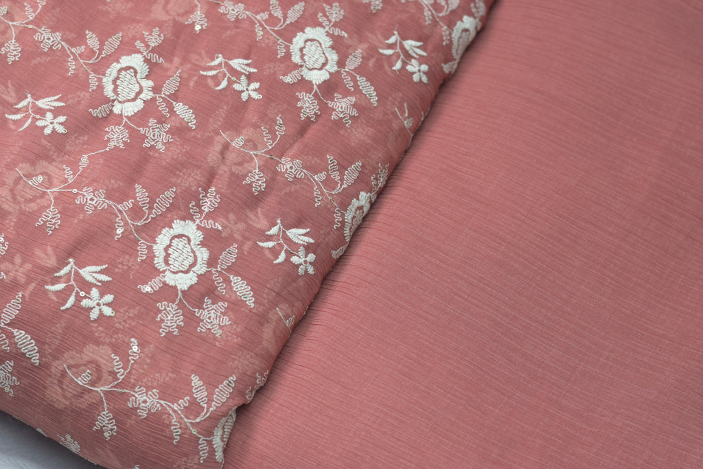 Peach Embroidered Crushed Georgette Fabric – 44 Inch Width | Floral Thread Work Dress Material - View 3 - Floral Embroidered - Nushio