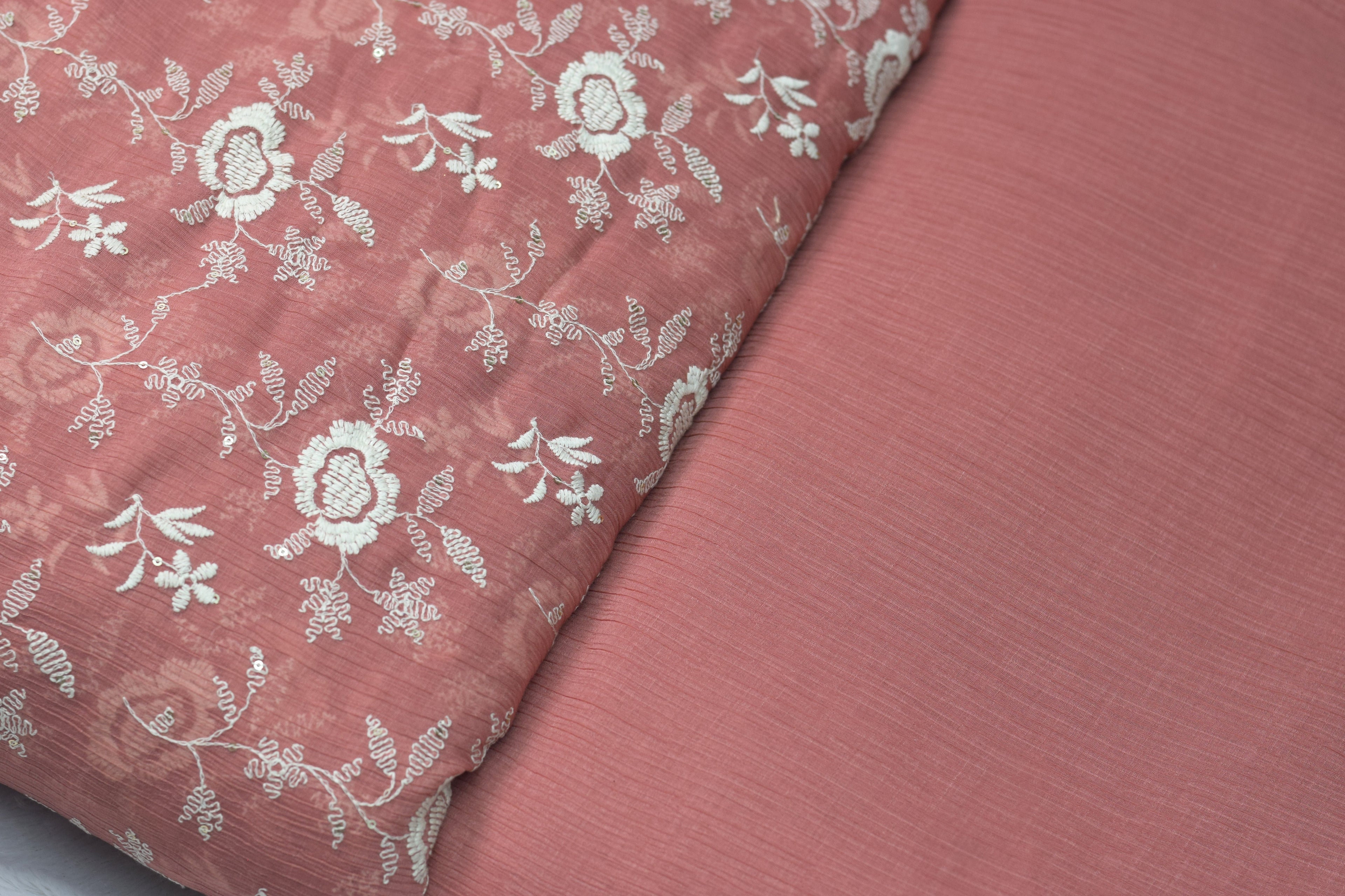 Peach Embroidered Crushed Georgette Fabric – 44 Inch Width | Floral Thread Work Dress Material - View 3 - Floral Embroidered - Nushio