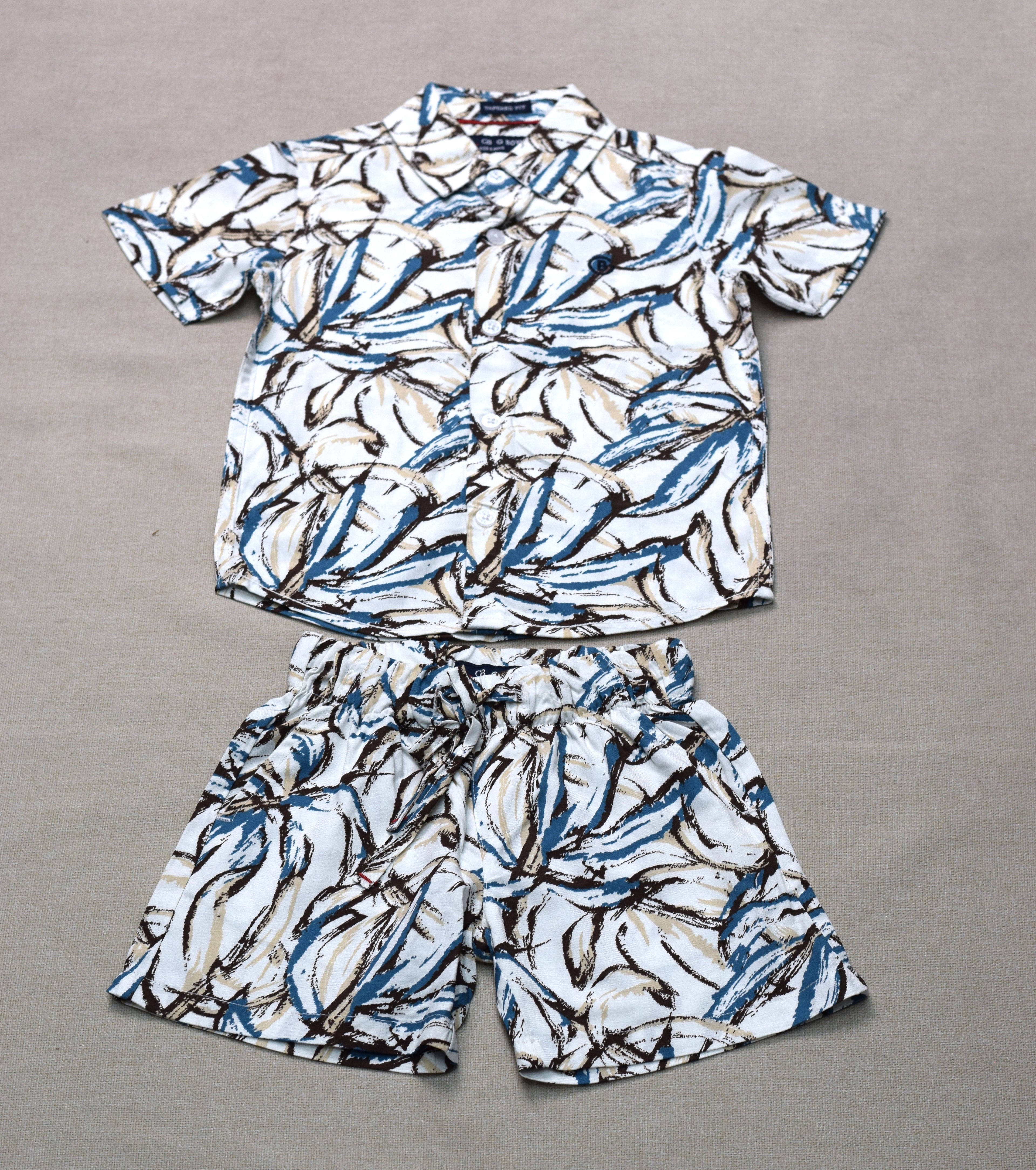 Boys Tropical Leaf Print Co-Ord Set – Half Sleeve Shirt & Shorts Matching Outfit