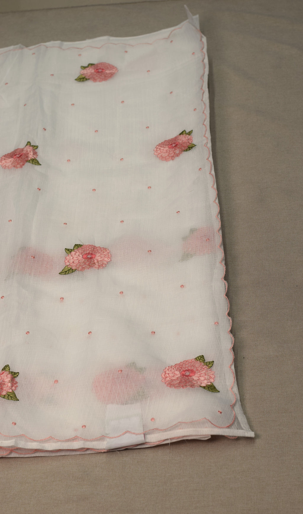 Elegant Floral Embroidered Net Kota Saree with Scalloped Border & Blouse Piece