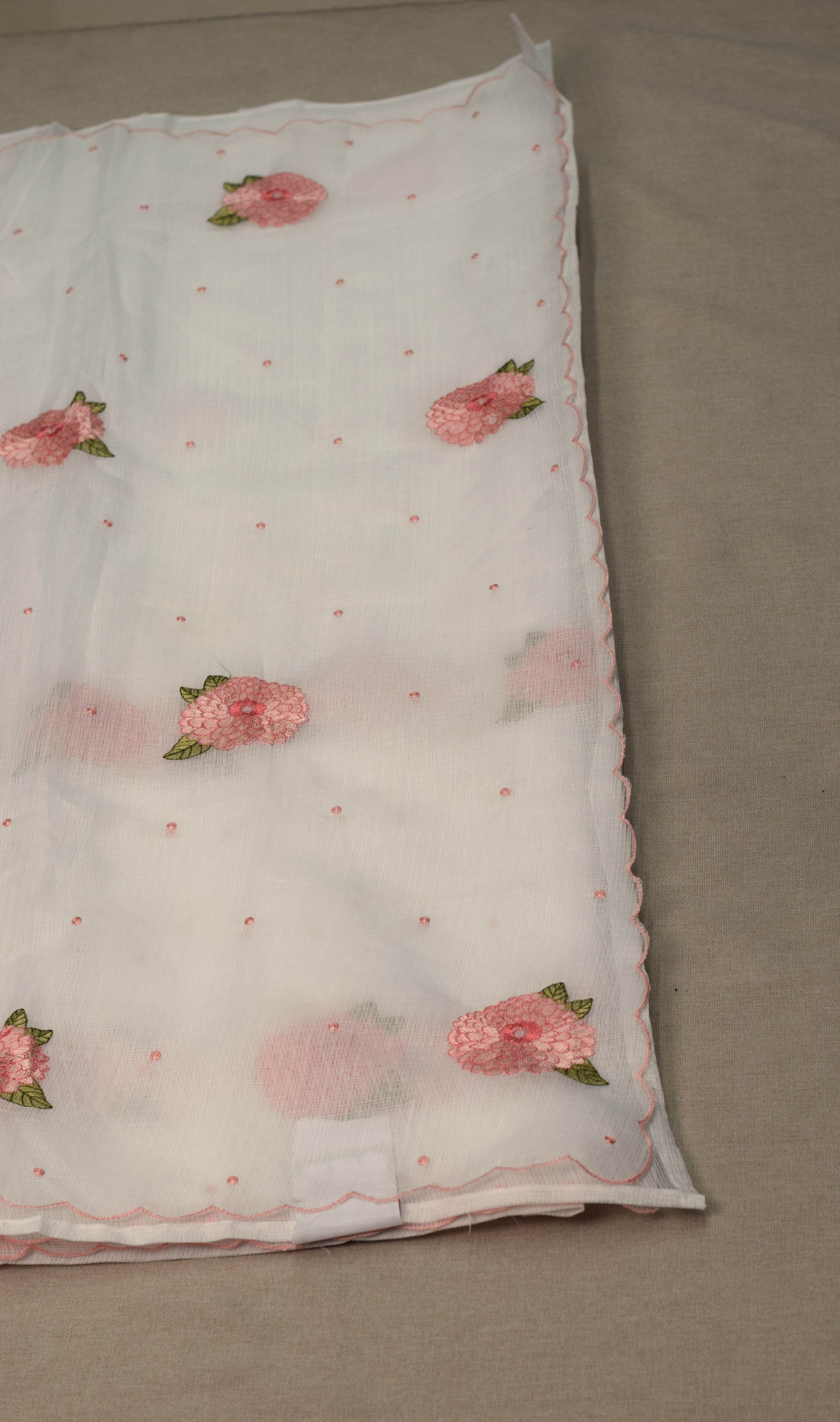 Elegant Floral Embroidered Net Kota Saree with Scalloped Border & Blouse Piece