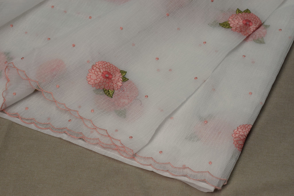 Elegant Floral Embroidered Net Kota Saree with Scalloped Border & Blouse Piece