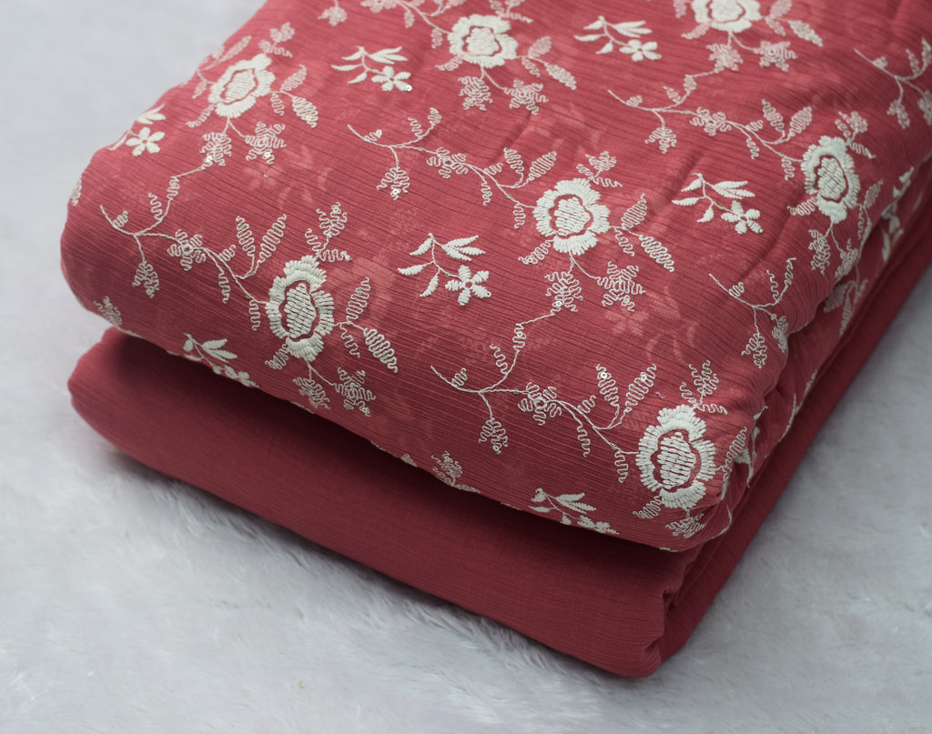 Coral Pink Floral Embroidered Crushed Georgette Fabric - Main Product Image - Floral Embroidered - Nushio