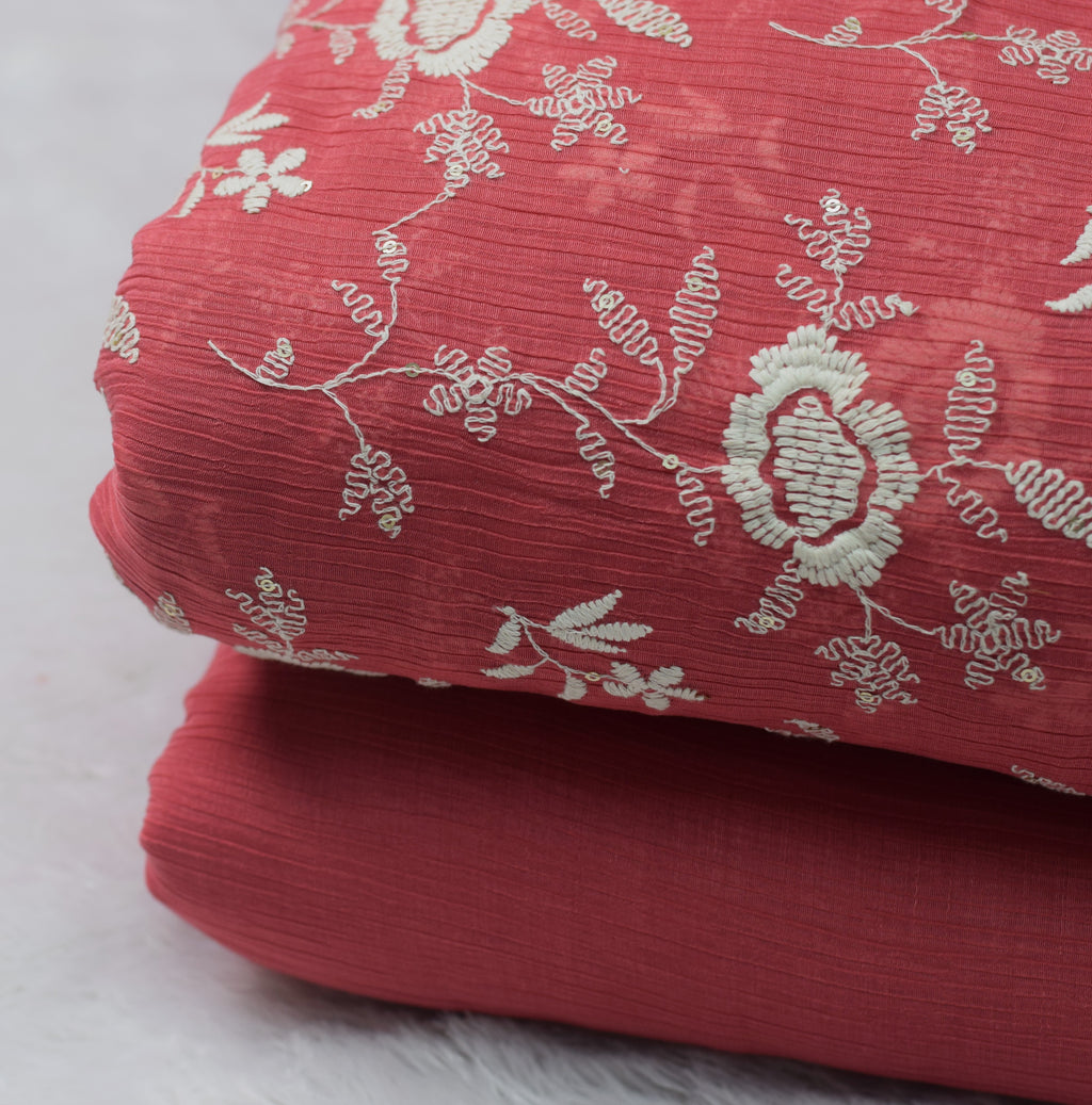 Coral Pink Floral Embroidered Crushed Georgette Fabric - View 2 - Floral Embroidered - Nushio