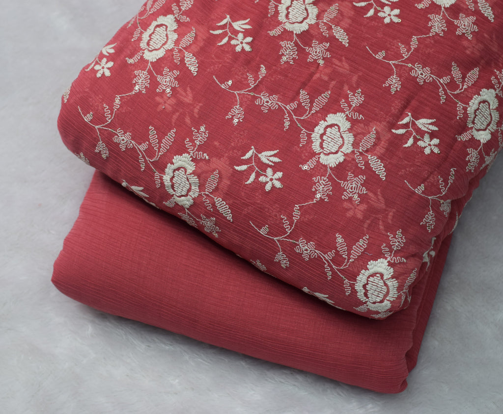 Coral Pink Floral Embroidered Crushed Georgette Fabric - View 3 - Floral Embroidered - Nushio