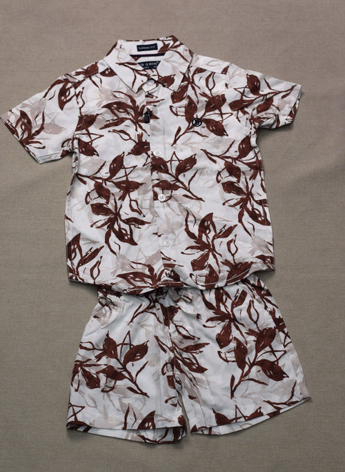 Boys Tropical Leaf Print Co-Ord Set – Half Sleeve Shirt & Shorts Set