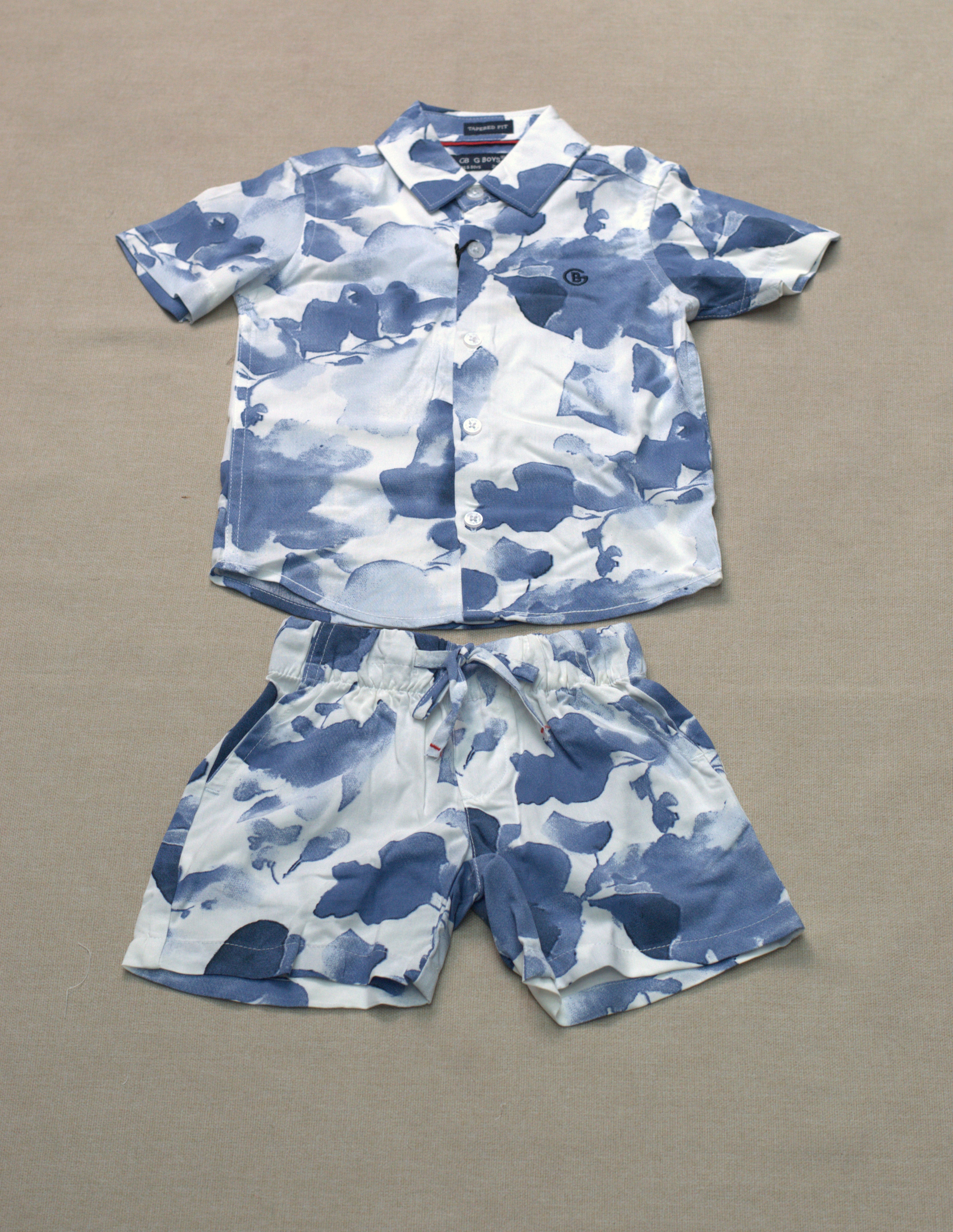 Boys Blue Abstract Print Co-Ord Set – Half Sleeve Shirt & Shorts Outfit