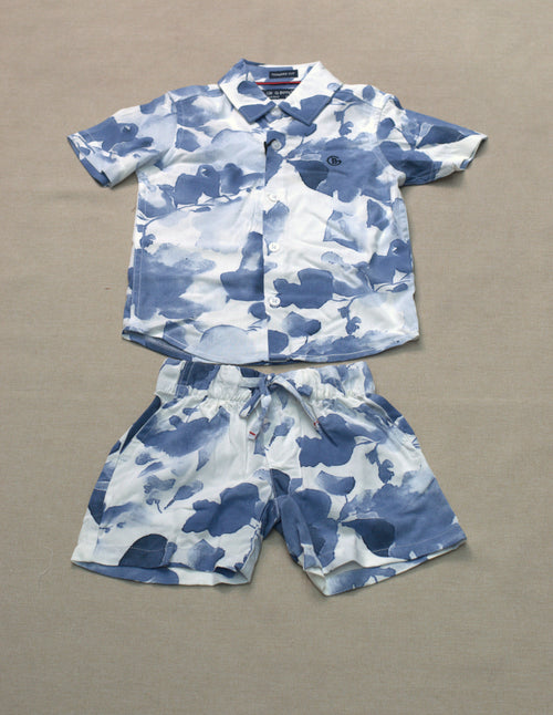 Boys Blue Abstract Print Co-Ord Set – Half Sleeve Shirt & Shorts Outfit