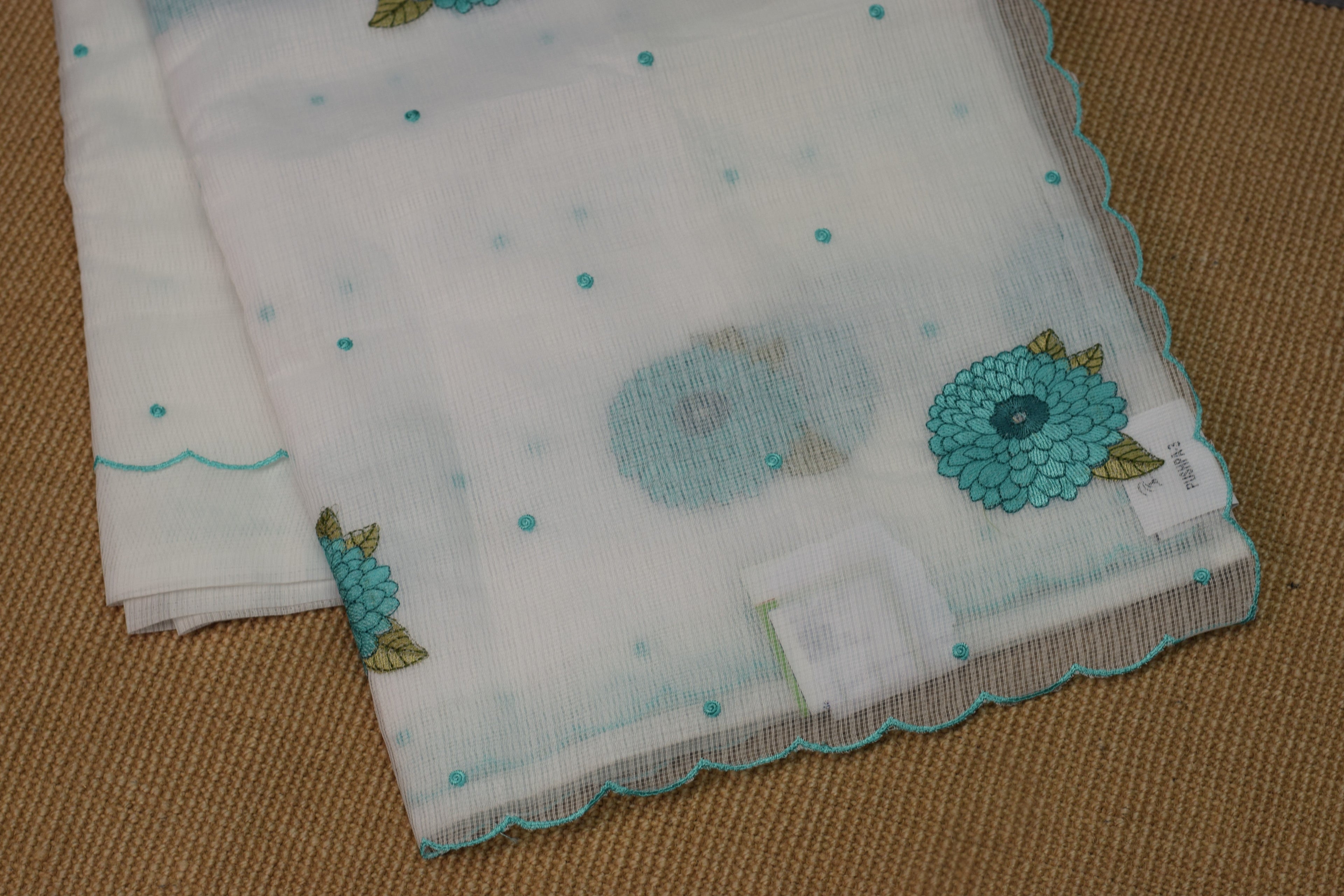 Elegant Floral Embroidered Net Kota Saree with Scalloped Border & Blouse Piece